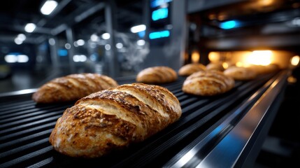 Golden-brown bread loaves on automated conveyor in an industrial bakery, ready for packaging under warm, ambient light with stainless steel machinery.