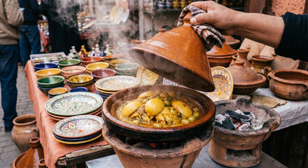 Steaming authentic Moroccan chicken or lamb tagine being prepared and served 