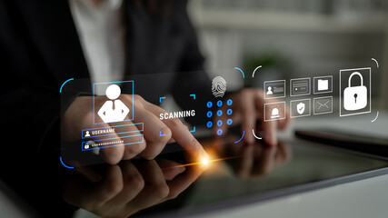 A digital security system for user authentication and access control. A concept of data protection using passwords, biometrics, and secure login. Motif