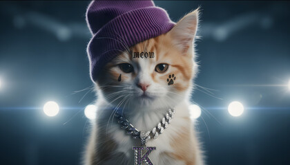 Stylized Orange Kitten with Tattoos, Purple Beanie, and Silver Chain in Spotlight Performance Setting