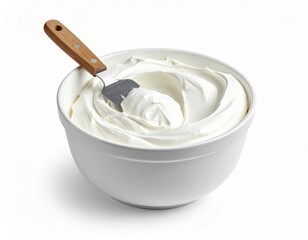 Creamy White Frosting in a Bowl with a Spatula for Baking and Desserts isolated on white background with soft lighting