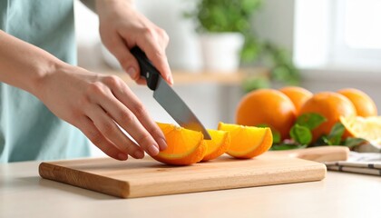 Person Slicing Fresh Oranges on a Wooden Cutting Board in a Bright Kitchen with Green Plants in the Background and Natural Light