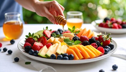 Delicious Fresh Fruit Platter With Honey Drizzle And Assorted Berries On White Table With Blurred Green Garden Background