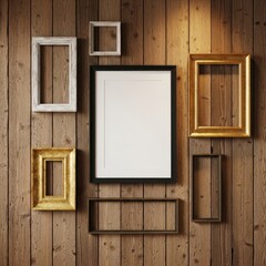 Empty Picture Frames on Wooden Wall.