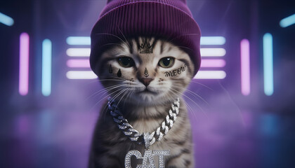 Stylized Orange Kitten with Tattoos, Purple Beanie, and Silver Chain in Spotlight Performance Setting