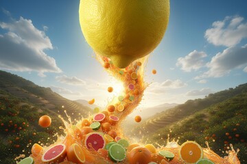 Giant lemon and citrus fruit splash over orange grove plantation on sunny day with blue sky and rolling hills in background