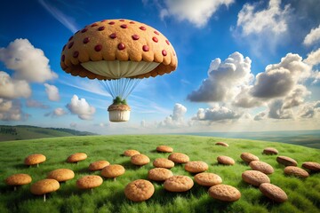 Whimsical mushroom-shaped hot air balloon with cookie-like texture and cherry toppings floats over a green grassy landscape with scattered cookies and a clear blue sky with fluffy clouds.
