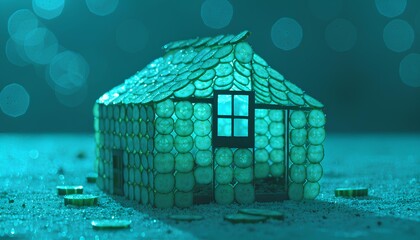 Whimsical miniature house crafted from fresh cucumber slices, standing on a sandy surface with a soft teal bokeh background, creative food art concept.