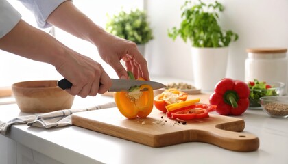 Close up of a person chopping a yellow bell pepper on a wooden cutting board with red and yellow bell peppers nearby in a bright kitchen setting with green plants in the background