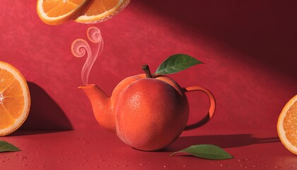 A vibrant peach-shaped teapot steams with citrusy swirls, surrounded by fresh orange slices and green leaves on a glossy red surface with water droplets.