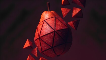 Abstract red pear composed of geometric triangles floating in dark moody atmosphere with scattered triangular fragments around