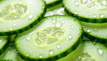 Close Up Of Fresh Cucumber Slices With Water Droplets Reflecting Light On A Bright Green Background