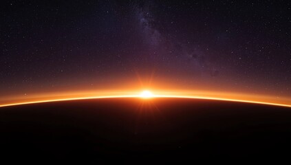 Landscape with Milky way galaxy. Sunrise and Earth view from space with Milky way galaxy