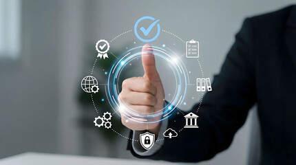 Businessman Thumbs Up with Quality Assurance and Compliance Icons
