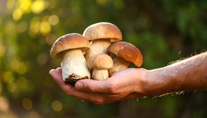 Close Up Of A Hand Holding A Small Cluster Of Freshly Picked Brown Cap Mushrooms In A Softly Blurred Green Forest Background With Golden Sunlight Filtering Through The Trees
