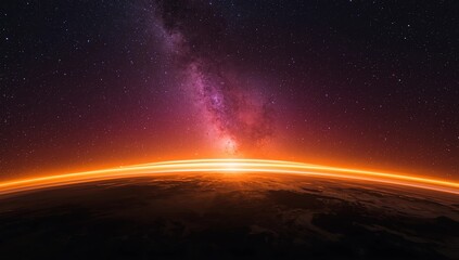 Landscape with Milky way galaxy. Sunrise and Earth view from space with Milky way galaxy