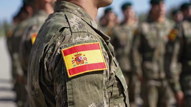 Military personnel standing in formation wearing Spanish flags during outdoor