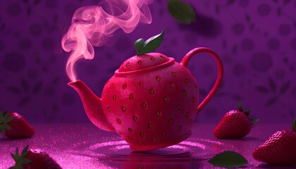 Whimsical strawberry-shaped teapot with pink steam swirling upwards, surrounded by fresh strawberries and glittering pink particles on a deep purple background.