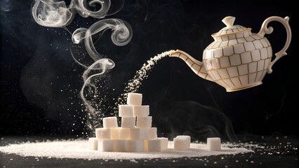 Close-up of a decorative white teapot pouring sugar cubes and granules onto a surface with swirling smoke effects