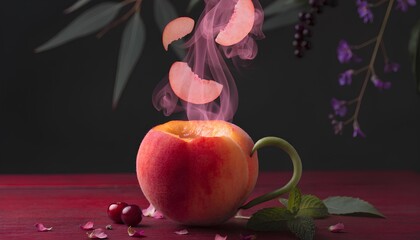 A peach carved into a cup with pink steam rising, peach slices and cherries on a red wooden table with mint and floral accents