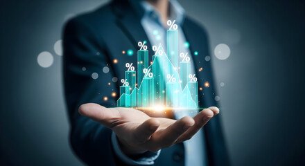 Businessman Presenting Glowing Financial Growth Graph and Percentages