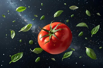Ripe red tomato and fresh green basil leaves floating in dark space with star-like particles, abstract food concept