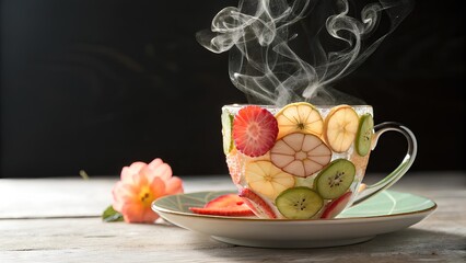 Steaming hot clear glass teacup filled with fresh fruit slices including strawberries, kiwi, and apple, served on a pastel green saucer with a peach flower nearby.