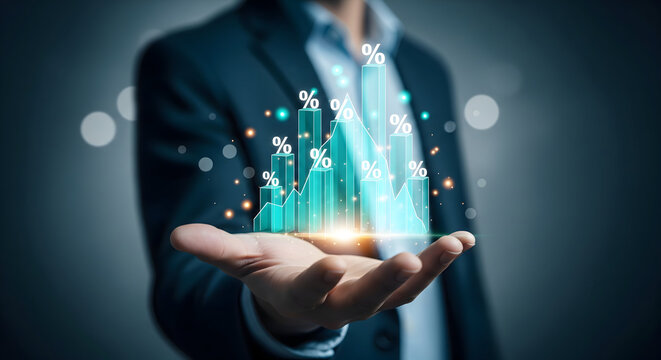 Businessman Presenting Glowing Financial Growth Graph and Percentages - Powered by Adobe