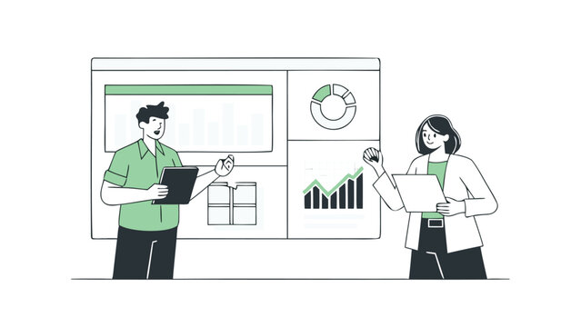 Business professionals analyzing data on a large screen with graphs and charts in a modern office setting