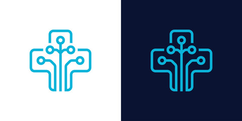 Dual meaning logo combining a plus symbol and tech circuit elements, symbolizing medical technology, innovation, connectivity, and advanced digital healthcare solutions.