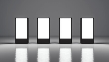 four vertical illuminated lightbox displays standing side-by-side