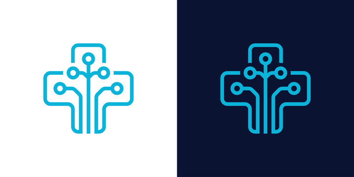 Dual meaning logo combining a plus symbol and tech circuit elements, symbolizing medical technology, innovation, connectivity, and advanced digital healthcare solutions.