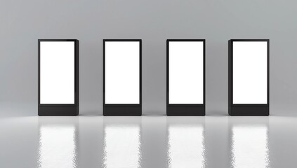 four vertical illuminated lightbox displays standing side-by-side