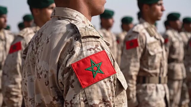 Moroccan military personnel standing in formation wearing camouflage uniforms