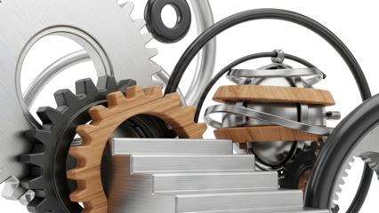 Abstract mechanical composition with gears, springs, and metal steps