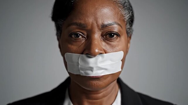 African American Woman With Tape Over Mouth Censorship Theme