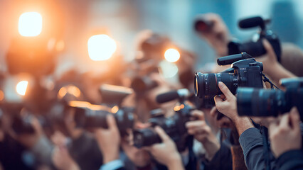 Intense Media Scramble: Videographer's Camera Against a Blazing Light