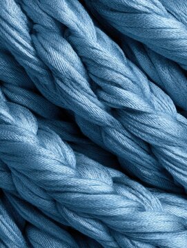 Extreme close up of lustrous light blue embroidery floss strands twisted together creating a rich textile texture perfect for crafting backgrounds and hobbies.