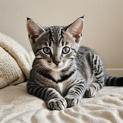 エジプシャンマウの子猫の穏やかな伏せる姿