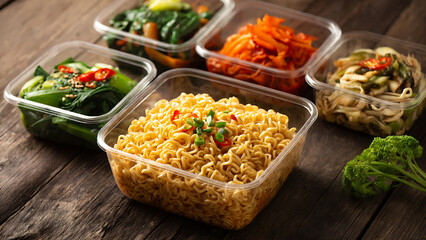 Variety of Asian-inspired meal prep containers on rustic wooden table.