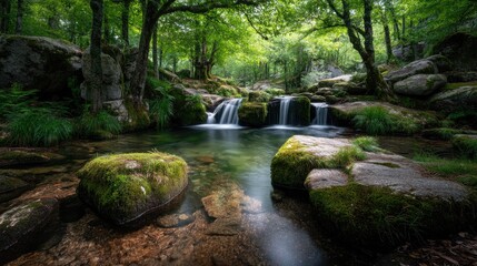 Obraz premium Serene Forest Waterfall Surrounded by Lush Greenery and Rocky Outcrops in a Peaceful Wilderness Setting