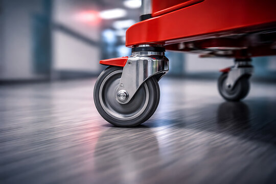 Durable industrial caster wheel of a professional red emergency medical trolley moving across a sterile hospital floor for rapid response healthcare logistics and facility management.