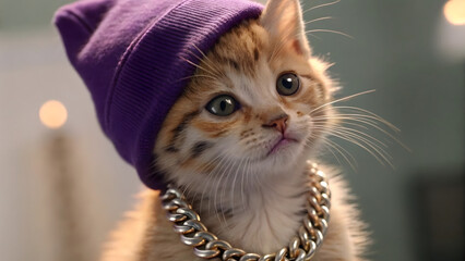 Stylized Orange Kitten with Tattoos, Purple Beanie, and Silver Chain in Spotlight Performance Setting