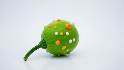 Handcrafted whimsical green smiling pumpkin character with colorful polka dots and leafy stem isolated on transparent background