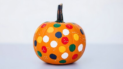 Handmade painted pumpkin decoration with colorful polka dots and autumn themed design for festive fall celebrations