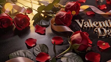 A Valentine's Day background featuring the text Valentine's Day written in elegant, luxurious 3D gold typography in the center, surrounded by fresh deep red roses.