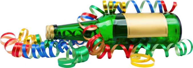 A green glass bottle with a gold label lies horizontally adorned with colorful curled party streamers in red blue green and yellow signifying celebration transparent background