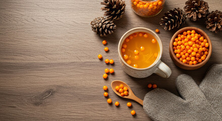 Warm winter drink with sea buckthorn berries, pinecones and wool mittens in rustic Scandinavian kitchen setting