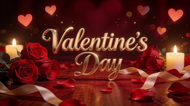 The text Valentine's Day written in elegant, 3D golden cursive typography in the center.