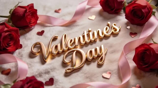 The text Valentine's Day written in elegant, luxurious gold 3D cursive script centered on a soft, textured surface.